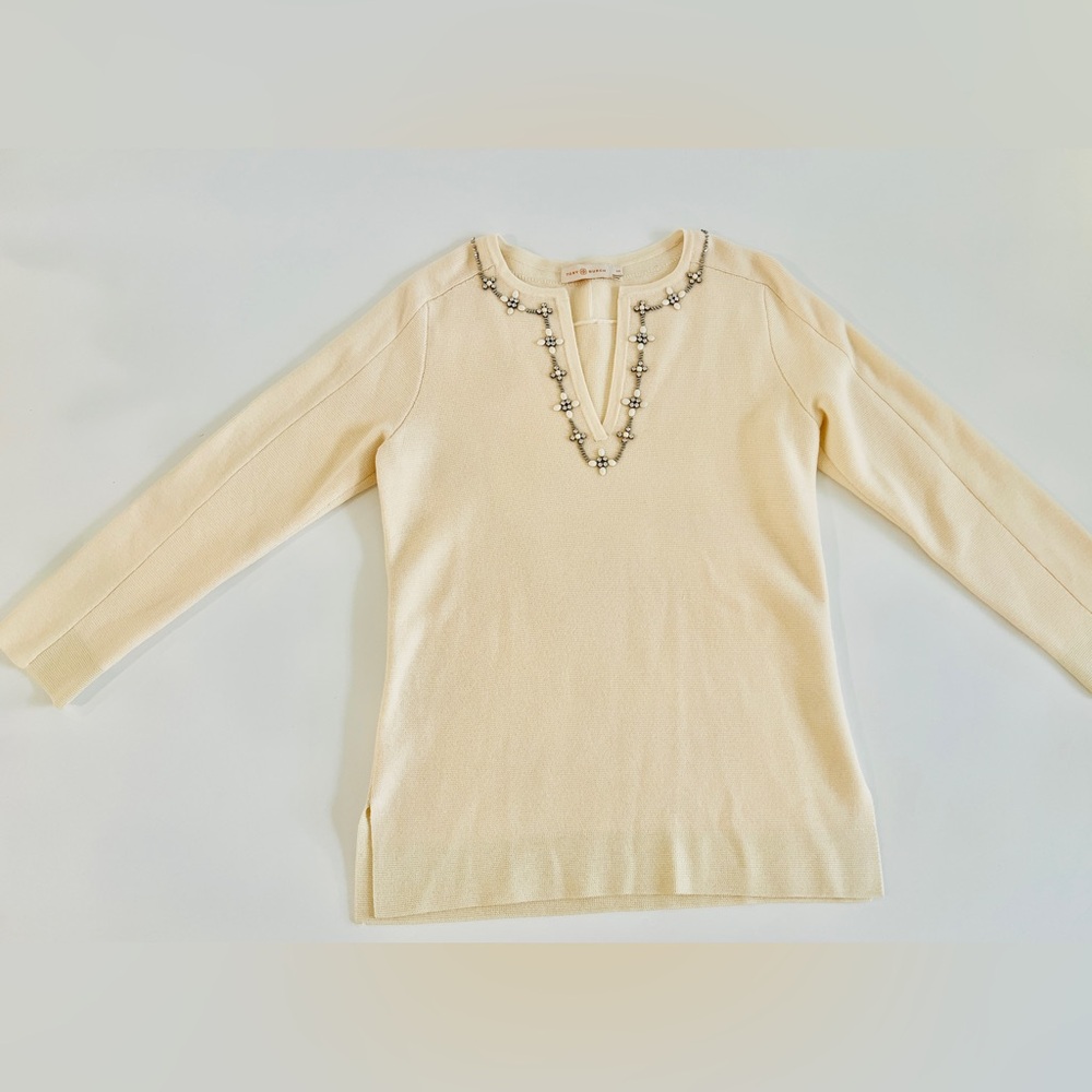 Tory Burch Persia Cream beaded embellished Merino wool sweater NWOT size S